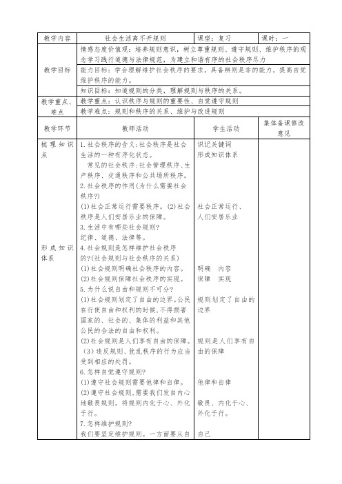 人教版八年级道德与法治第三课社会生活离不开规则复习教案