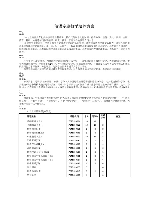 俄语专业教学培养方案
