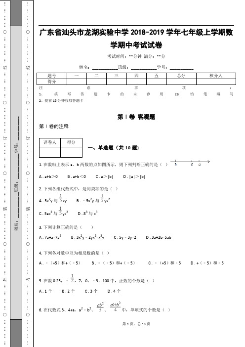 广东省汕头市龙湖实验中学2018-2019学年七年级上学期数学期中考试试卷