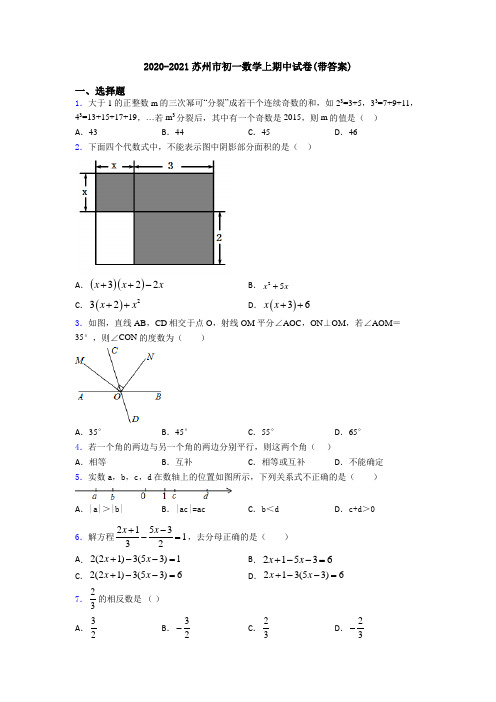 2020-2021苏州市初一数学上期中试卷(带答案)