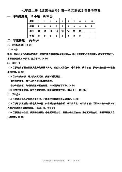 七年级上册道德与法治测试B卷参考答案