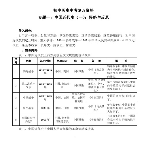 初中历史中考复习资料-专题一中国近代史(一)侵略与反思