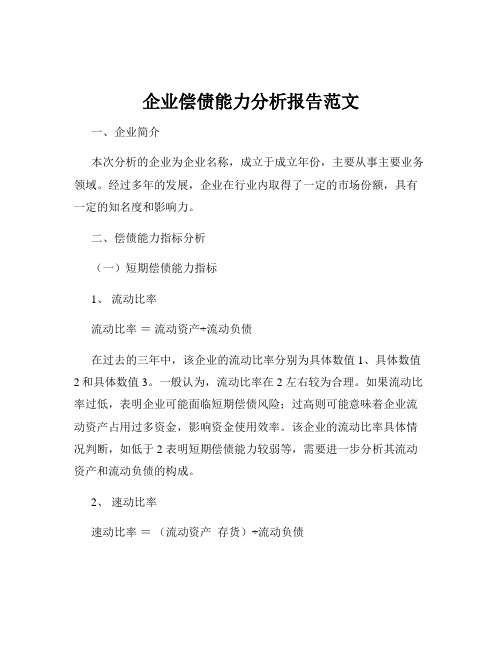 企业偿债能力分析报告范文