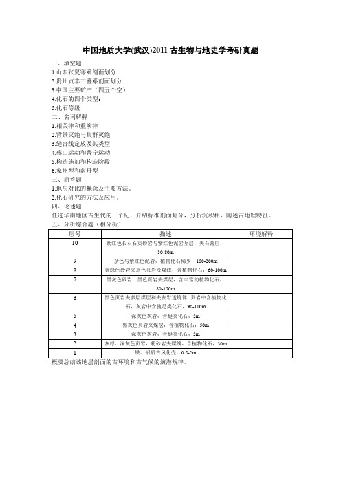 2011古生物考研真题(中国地质大学武汉)手打版