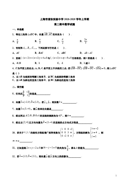 上海市浦东实验中学2018-2019学年上学期高二期中数学试题附答案解析
