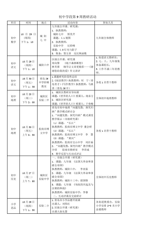 初中学段第9周教研活动