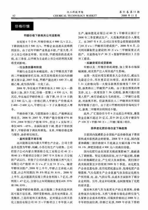 甲醇价格下跌相关公司受影响