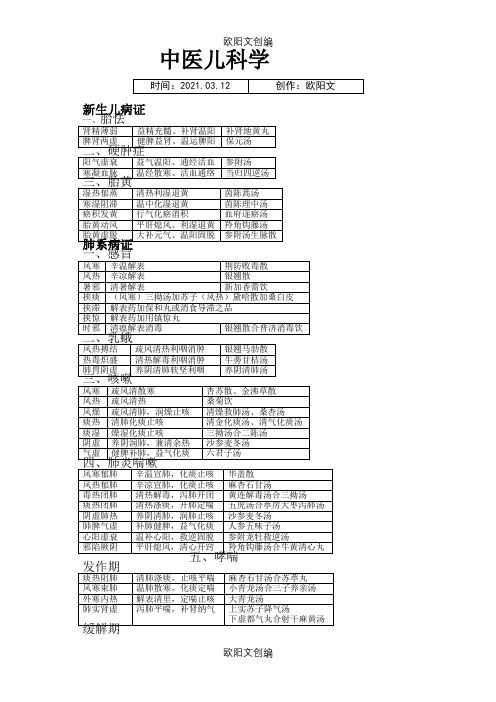 中医儿科学表格版之欧阳文创编