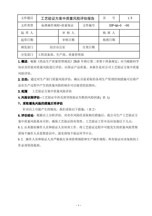 工艺验证方案中风险评估报告