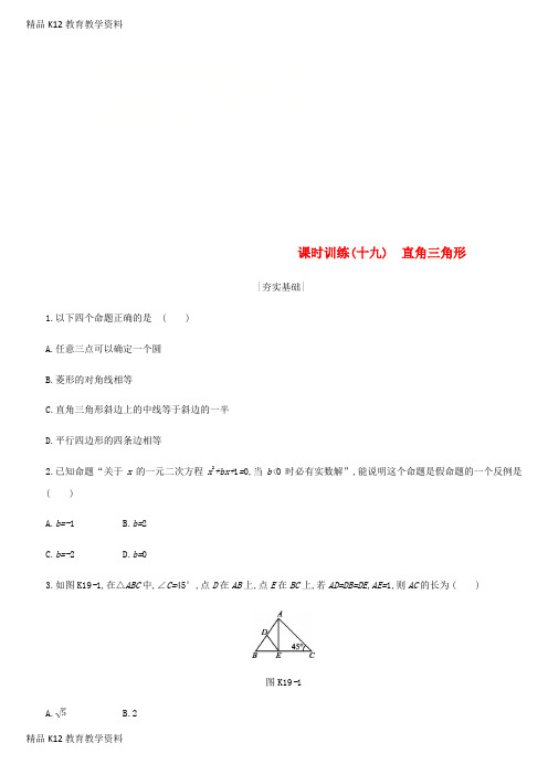 【配套K12】[学习]浙江省2019年中考数学 第四单元 三角形 课时训练19 直角三角形练习 (新