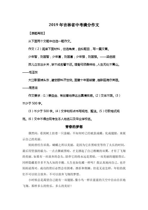 2019年吉林省中考满分作文《青春的梦想》