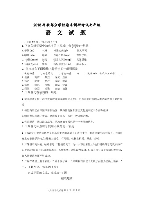 湖北省武汉市黄陂区2018-2019学年度第一学期期末考试七年级语文试题(无答案)