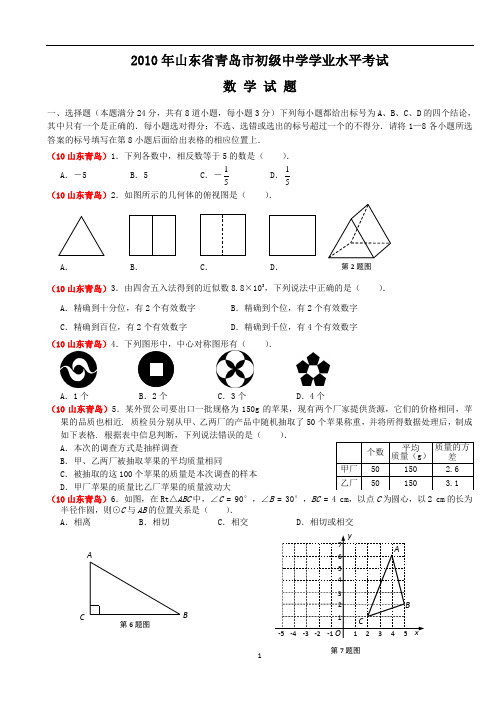 2010年青岛市中考数学试题及答案