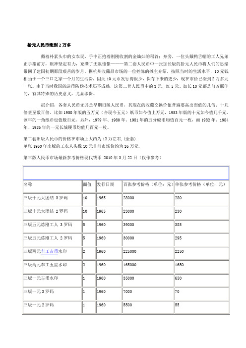 旧版人民币、硬币的价格及图片对照