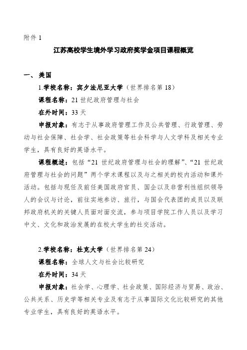 江苏高校学生境外学习政府奖学金项目课程概览