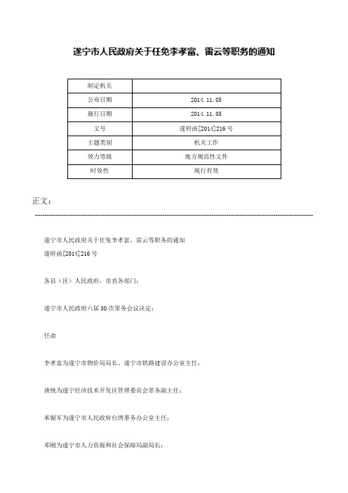 遂宁市人民政府关于任免李孝富、雷云等职务的通知-遂府函[2014]216号