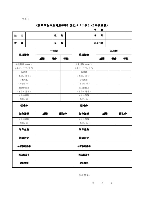 《国家学生体质健康标准》登记卡(小学1～2年级样表)