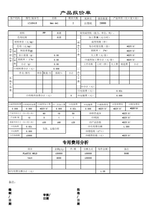 注塑件报价格式