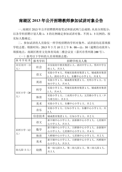 南湖区2013年公开招聘教师参加试讲对象公告