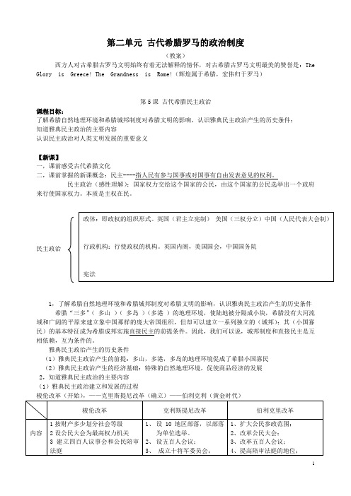 人教高中历史必修1第二单元 古代希腊罗马的政治制度 教案