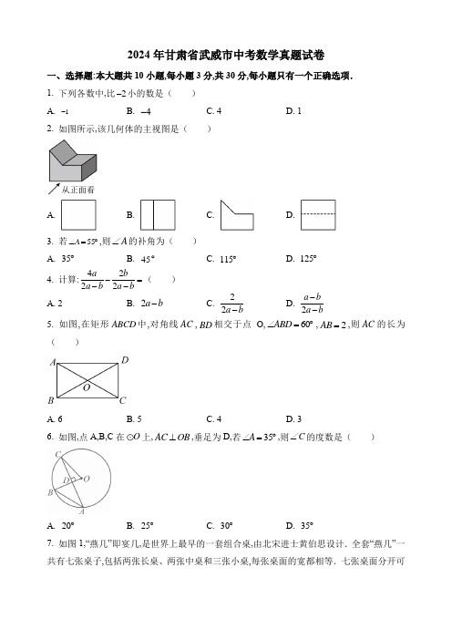 2024年甘肃省武威市中考数学真题试卷及答案