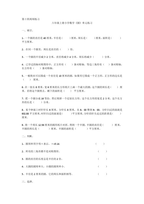 小学六年级上册数学周练习第十四周