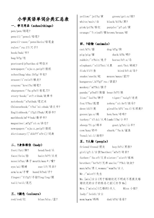 人教版小学英语单词分类汇总(带音标)