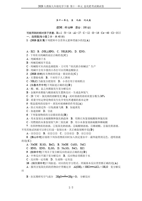 2020人教版九年级化学下册 第十一单元 盐化肥考试测试卷