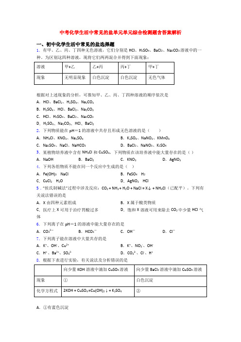 中考化学生活中常见的盐单元单元综合检测题含答案解析