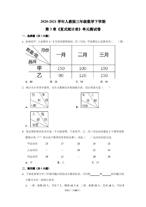 2020-2021学年人教版三年级数学下学期第3章《复式统计表》单元测试卷及答案解析