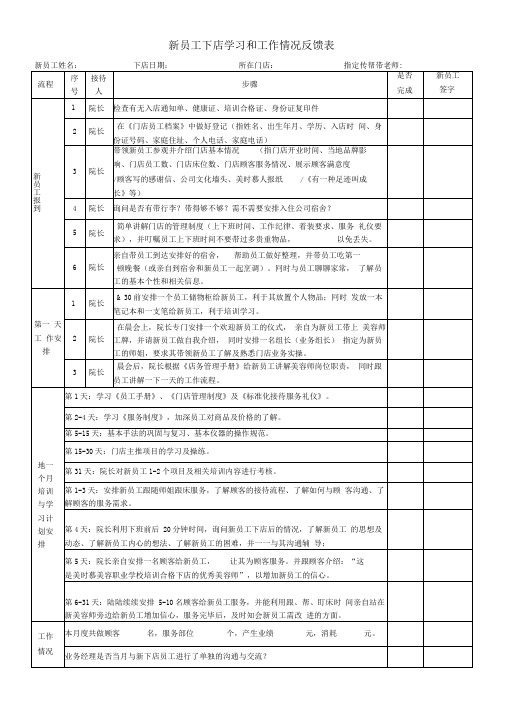 新员工下店学习和工作情况反馈表