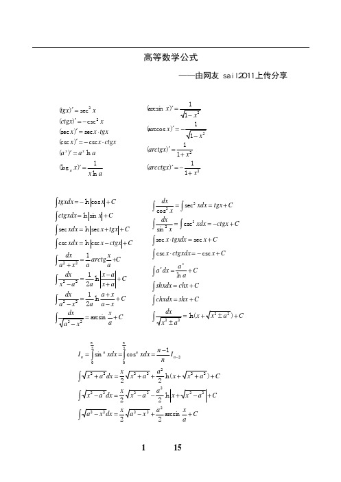 2011考研精华资料-考研高等数学公式word版,全面