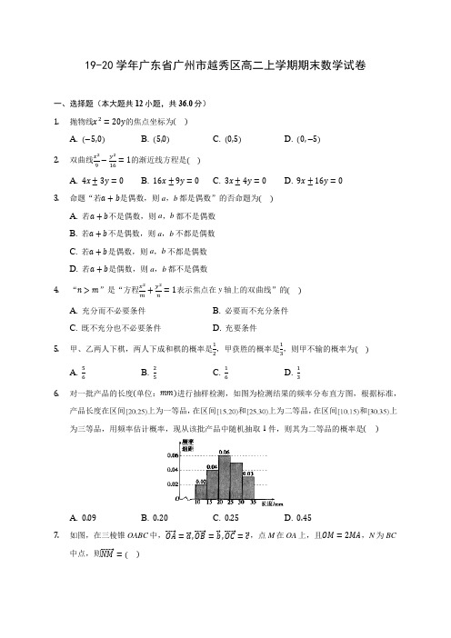 19-20学年广东省广州市越秀区高二上学期期末数学试卷(含答案解析)