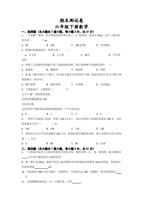 期末测试卷(试题)-六年级下册数学青岛版