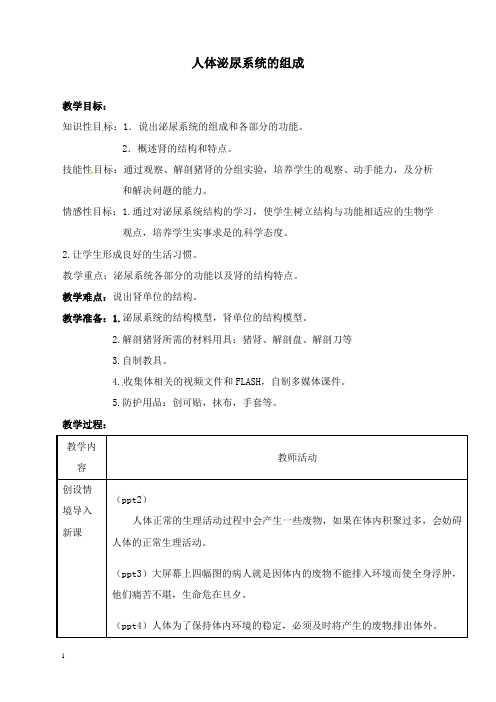 最新苏教版生物七年级下册11.1《人体泌尿系统的组成》教案.doc