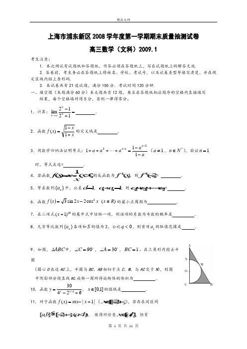 上海市浦东新区2008学年度第一学期期末质量抽测试卷高三数学文科2009.1