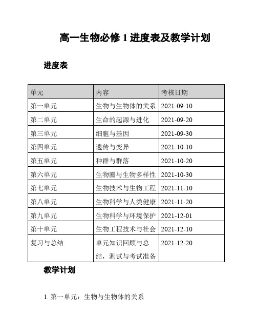 高一生物必修1进度表及教学计划