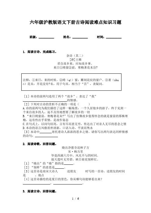 六年级沪教版语文下册古诗阅读难点知识习题