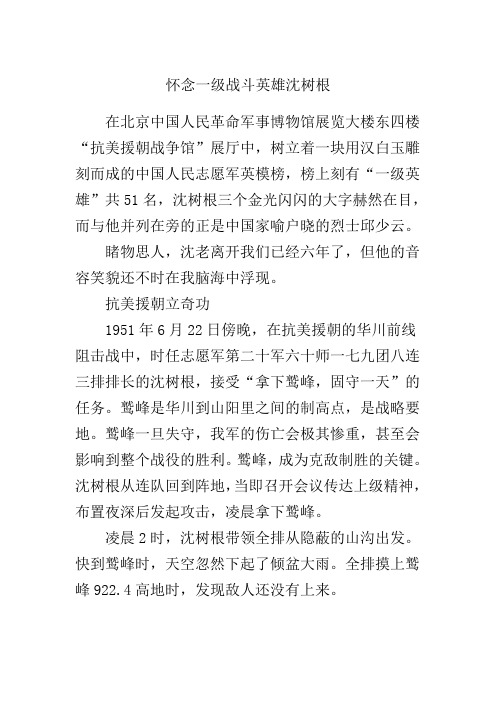 怀念一级战斗英雄沈树根