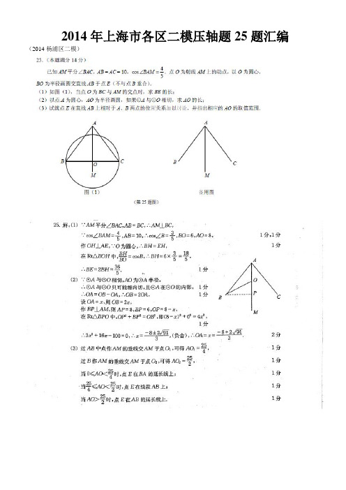 2014年上海市杨浦普陀闵行虹口长宁徐汇金山松山宝山嘉定二模压轴题汇编含答案