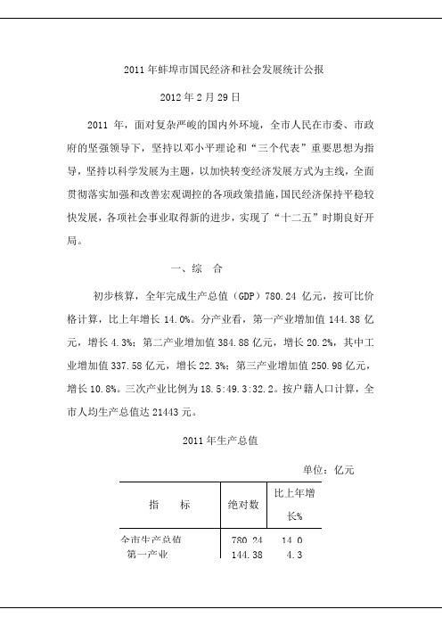 2011年蚌埠国民经济和社会发展统计公报