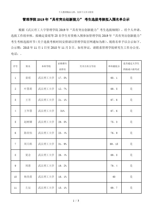 管理学院2019年具有突出创新能力考生选拔考核拟入围