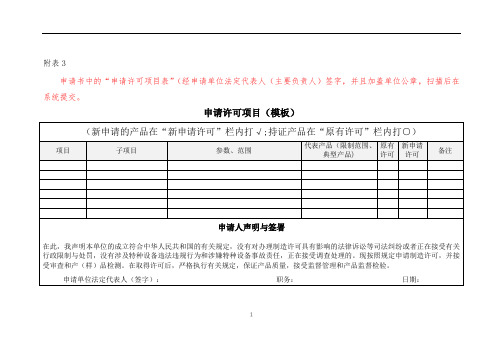 申请许可项目表