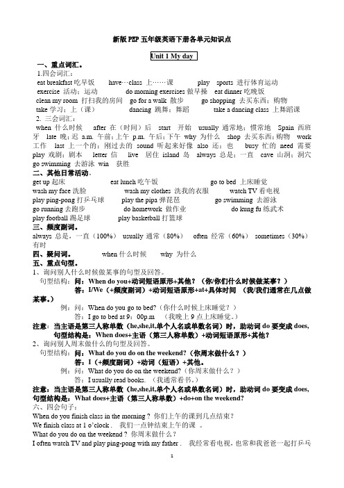 新版PEP五年级英语下册各单元知识点72329