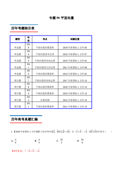 十年真题(2010-2019)高考数学(文)分类汇编专题06 平面向量(新课标Ⅰ卷)(解析版)