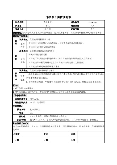 车队队长岗位说明书