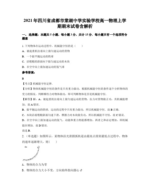 2021年四川省成都市棠湖中学实验学校高一物理上学期期末试卷含解析