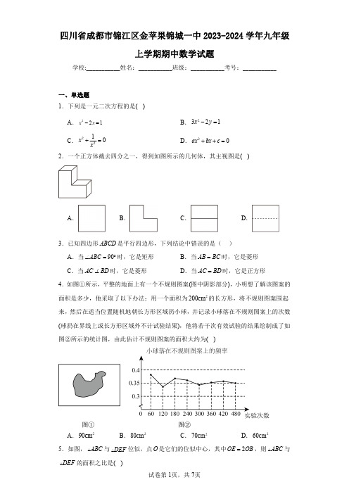 四川省成都市锦江区金苹果锦城一中2023-2024学年九年级上学期期中数学试题