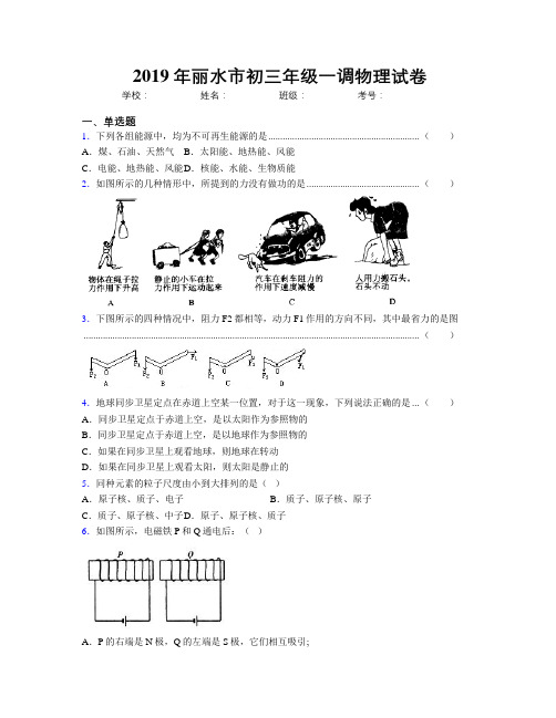 2019年丽水市初三年级一调物理试卷