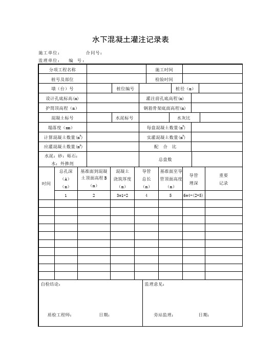 水下混凝土灌注记录表